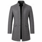 Men's long stand collar overcoat with button front and flap pockets