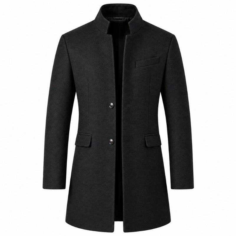 Men's long stand collar overcoat with button front and flap pockets