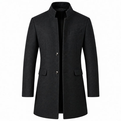 Men's long stand collar overcoat with button front and flap pockets