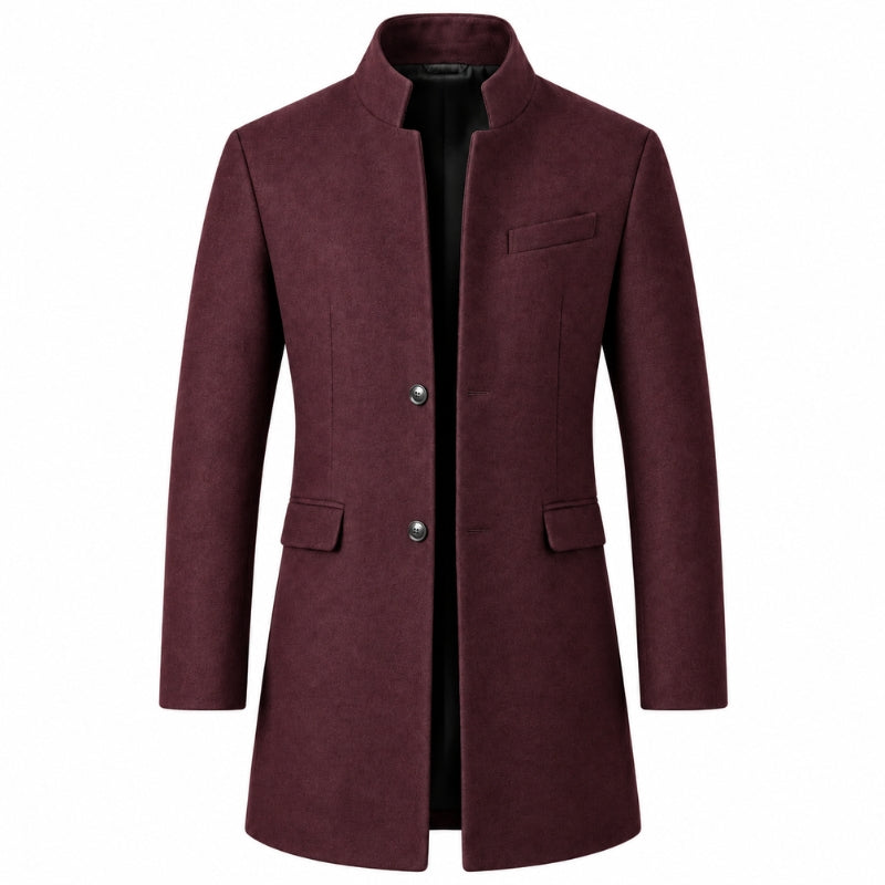 Men's long stand collar overcoat with button front and flap pockets