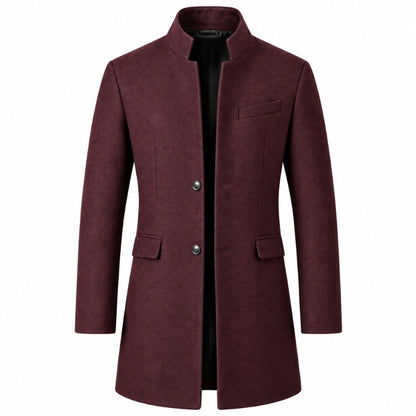 Men's long stand collar overcoat with button front and flap pockets