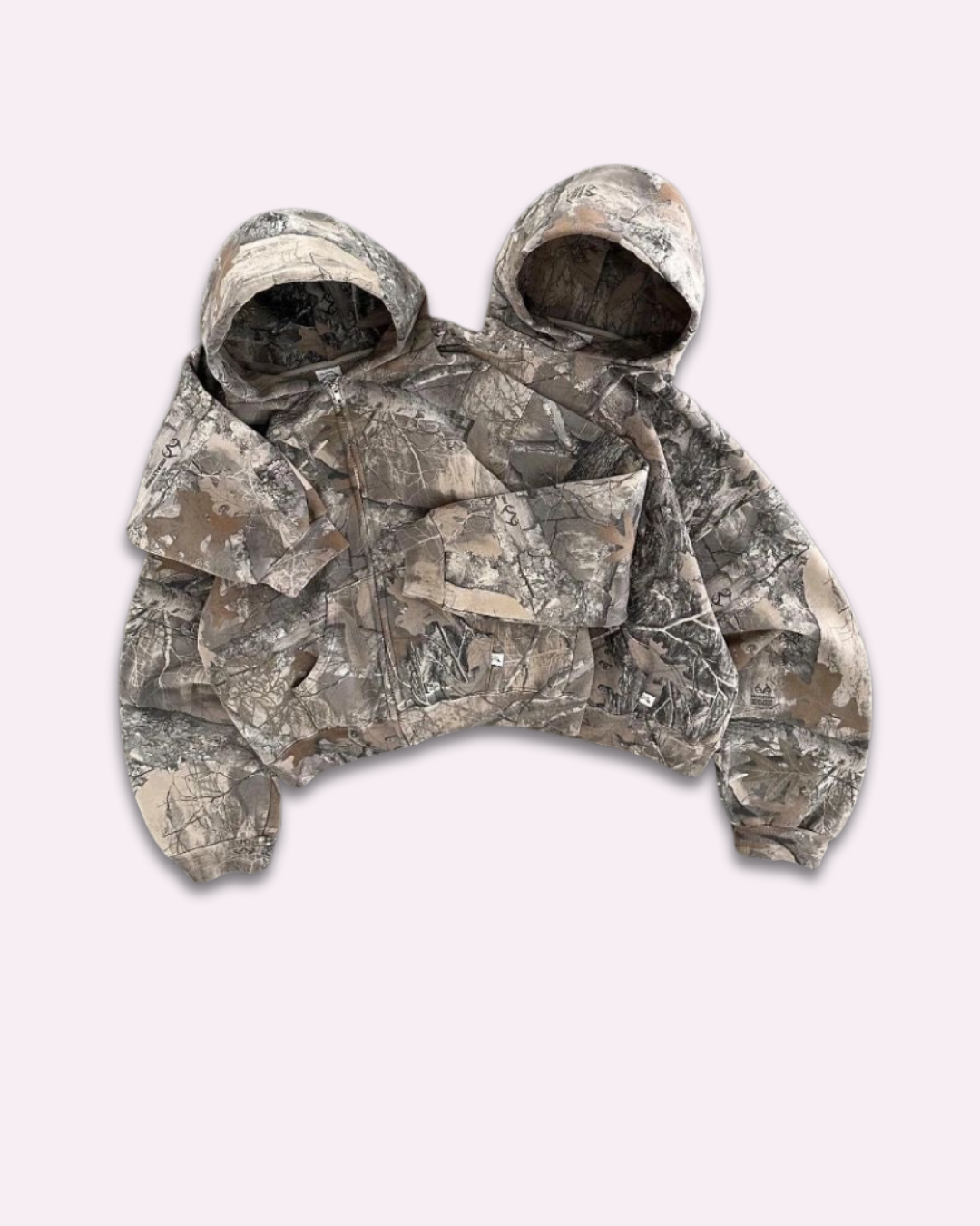 Cropped camouflage hoodie with double hood and front pocket