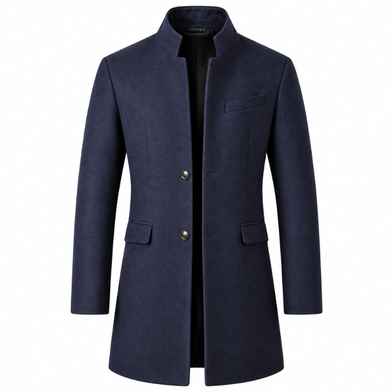 Men's long stand collar overcoat with button front and flap pockets