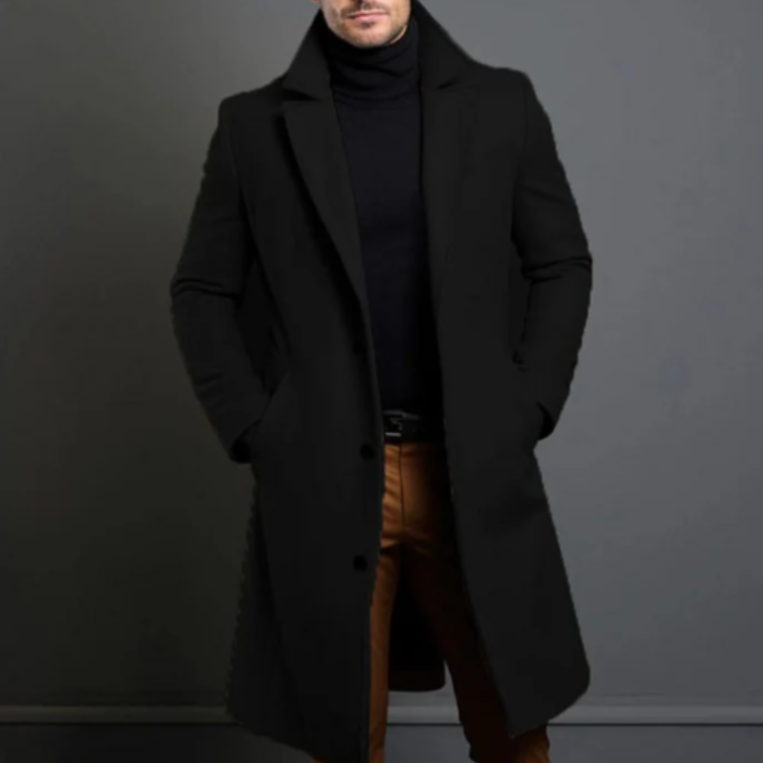 Men's longline overcoat with notched lapels, button front and side pockets