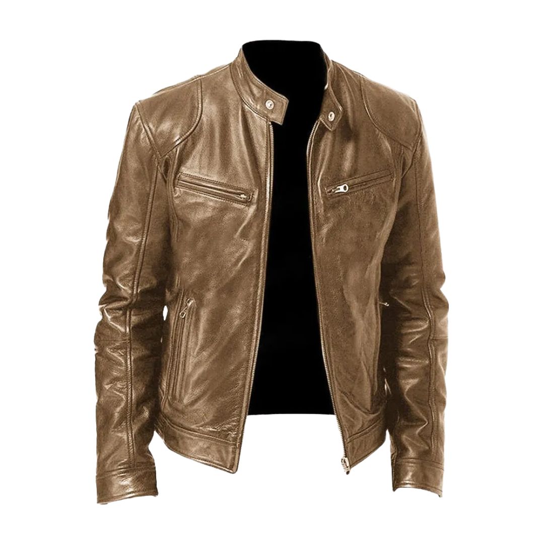 Men's zip front jacket with stand collar and multiple zipped pockets