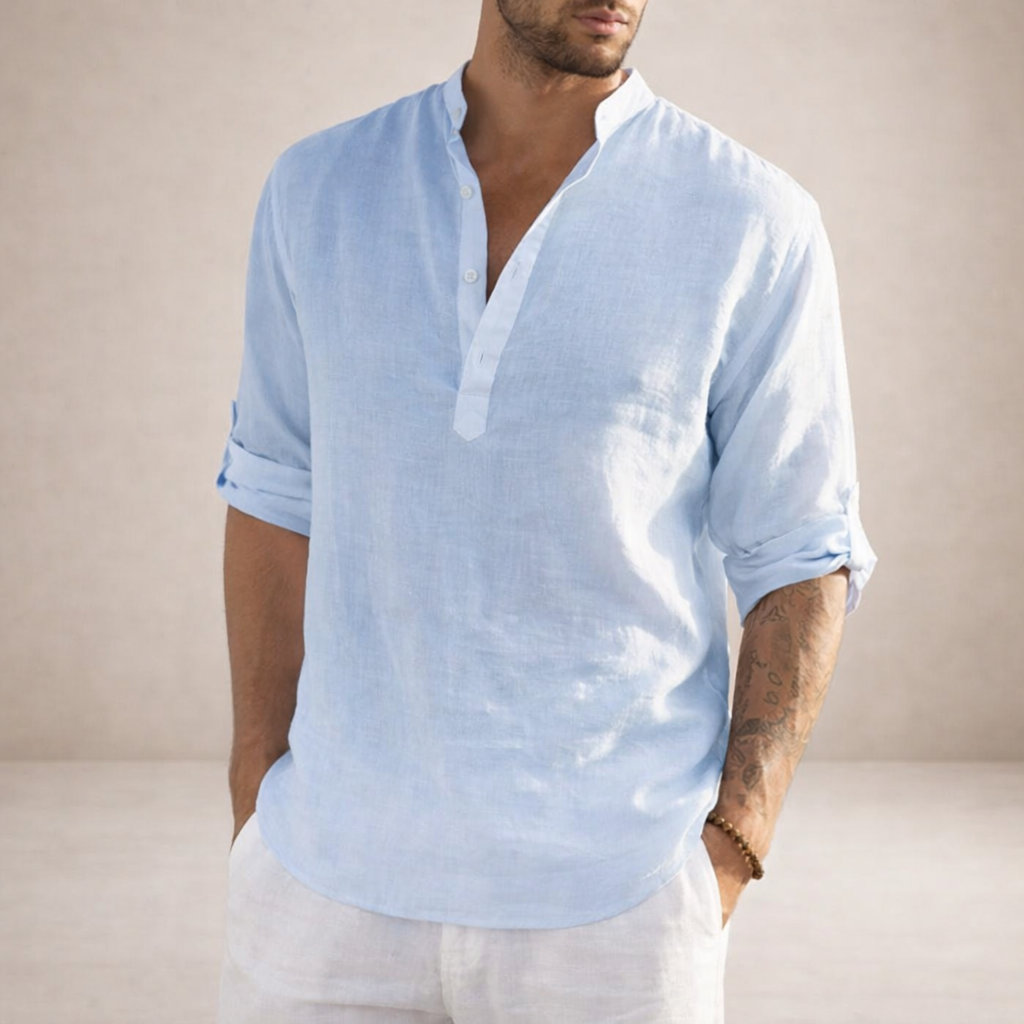 Men's Grandad Collar Shirt, Half Placket, Long Sleeve