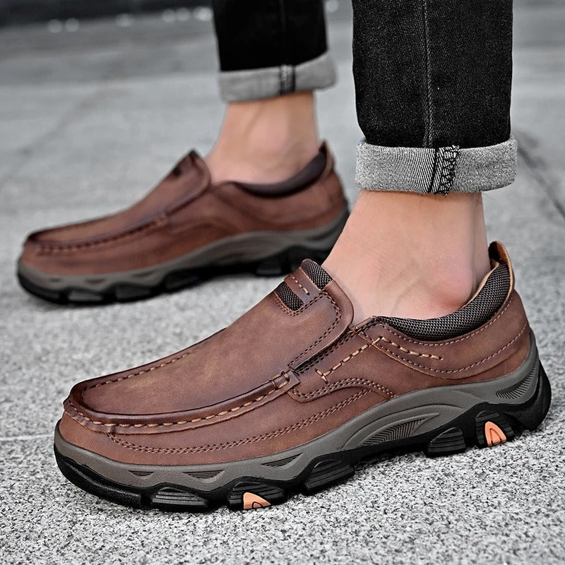 Men's moc toe loafers with contrast stitching and chunky lug soles