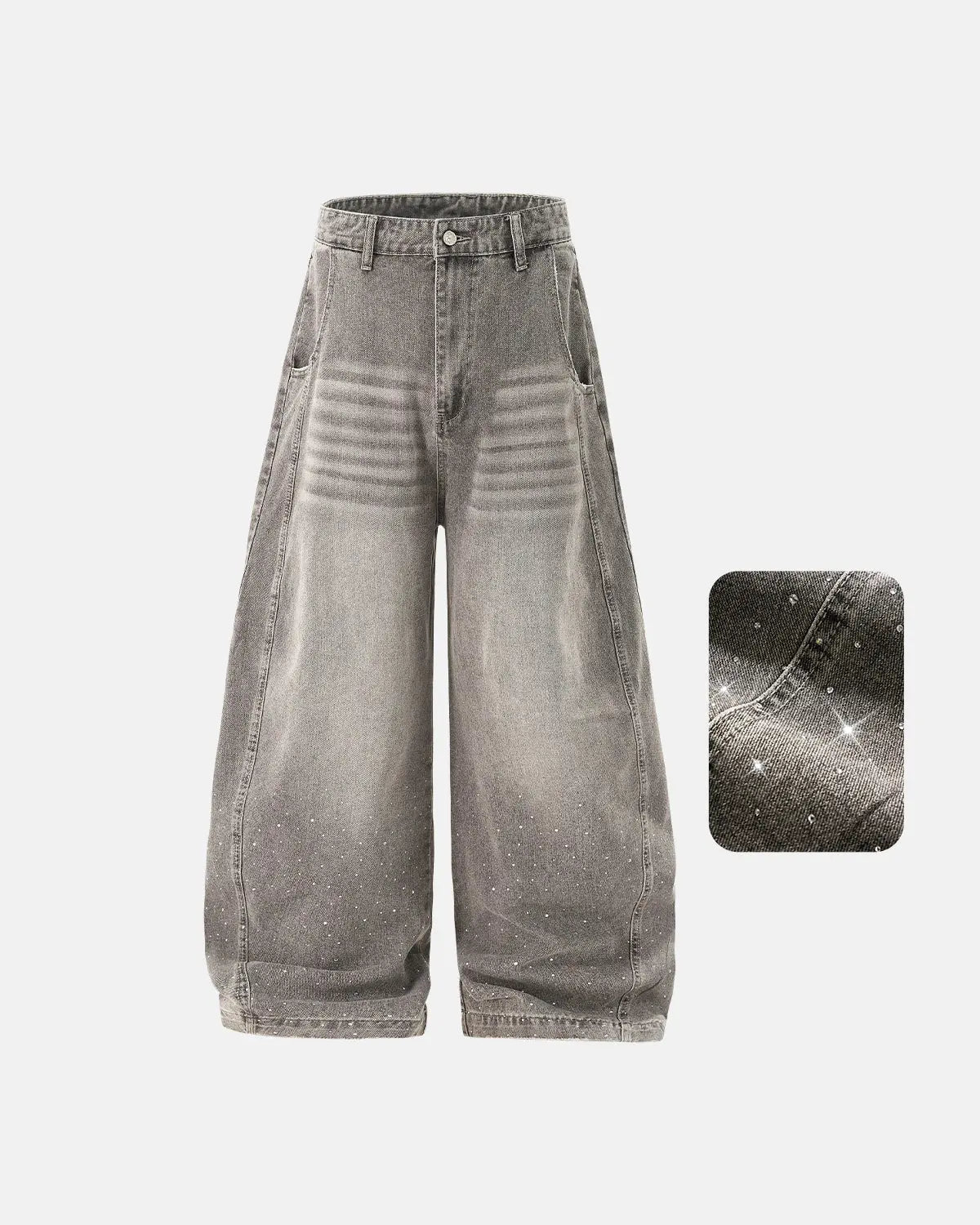 Light grey washed barrel-leg jeans with rhinestone embellishments