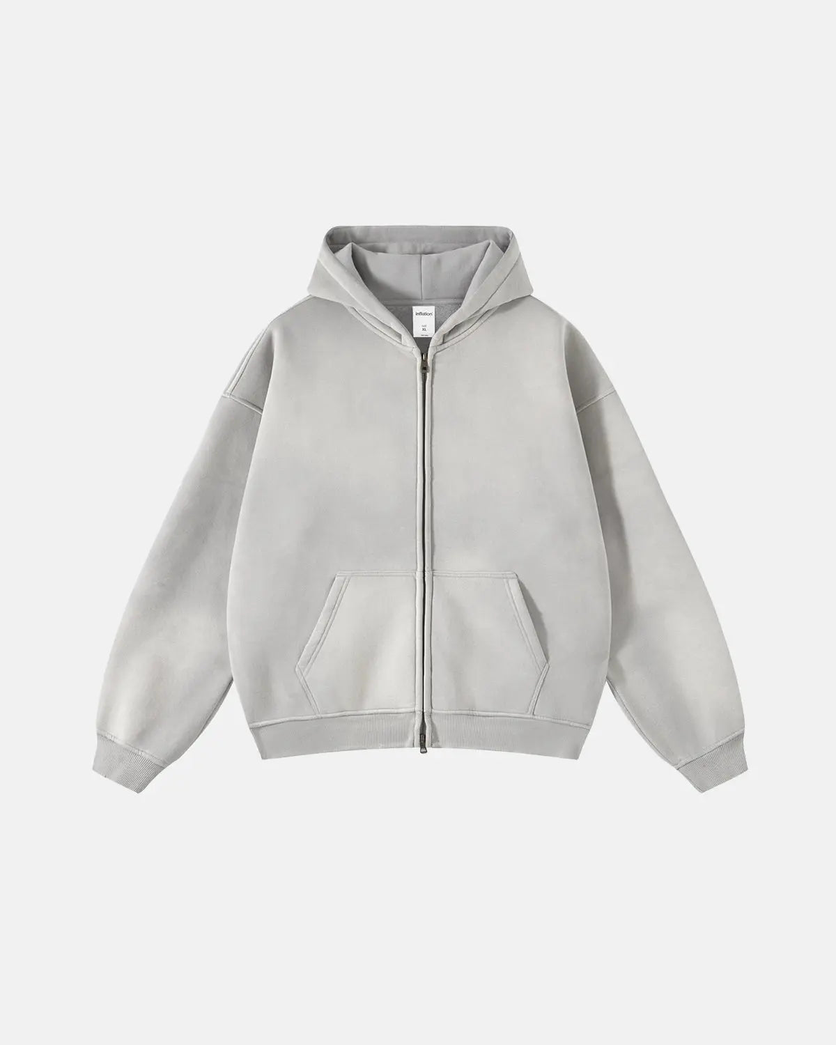 Washed distressed zip-up hoodie with drawstring hood and pouch pockets