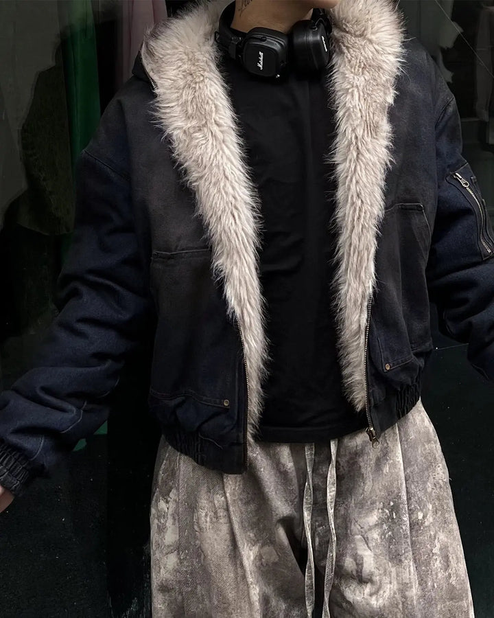 Men's acid wash bomber jacket with faux fur lining