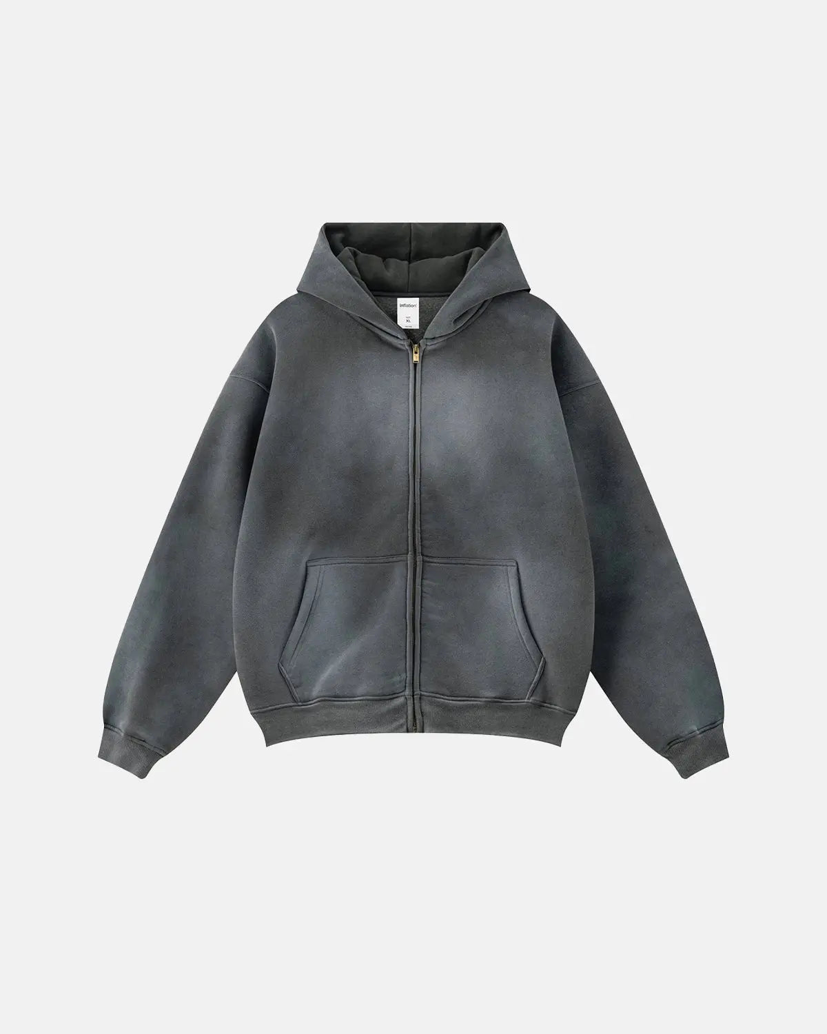 Unisex acid washed zip-up hoodie with hood, long sleeves and front pocket
