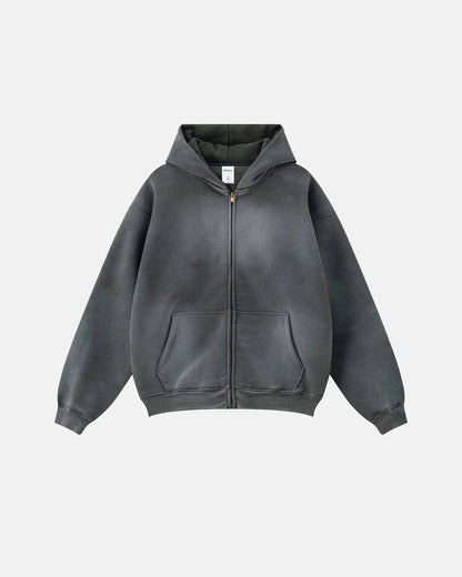 Unisex acid washed zip-up hoodie with hood, long sleeves and front pocket