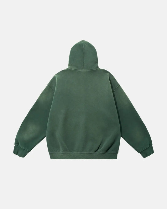 Green unisex zip-up hoodie with hood, long sleeves and front pouch pockets