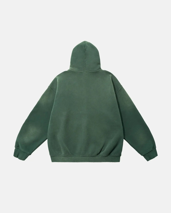 Green unisex zip-up hoodie with hood, long sleeves and front pouch pockets