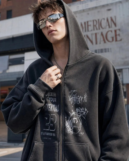 Graphic zip-up hoodie with hood, long sleeves and front pouch pockets