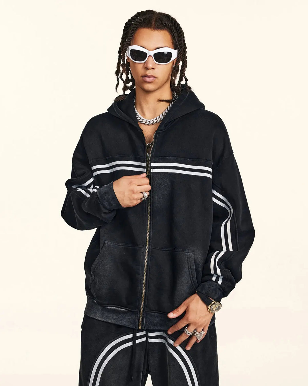 Black acid wash zip-up hoodie with white chest and sleeve stripes