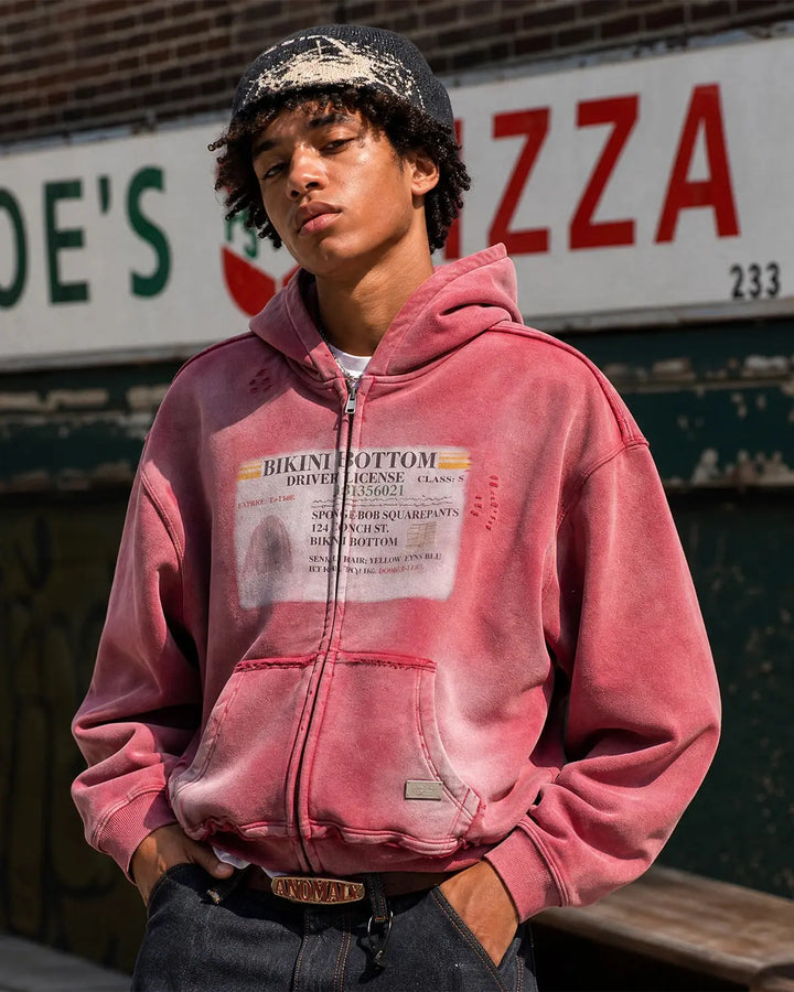 Unisex graphic zip-up hoodie with hood, printed chest design and front pockets