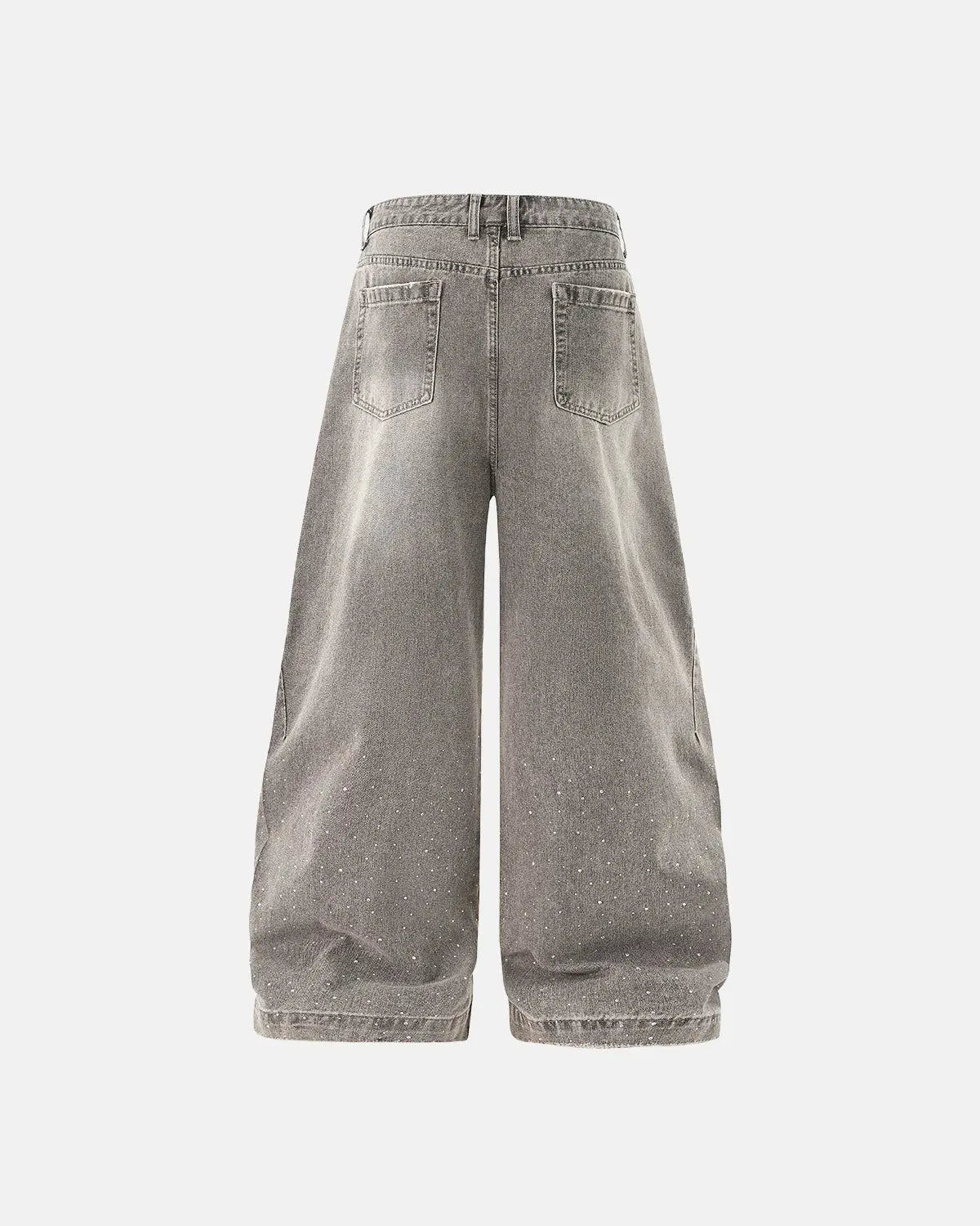 Light grey washed barrel-leg jeans with rhinestone embellishments