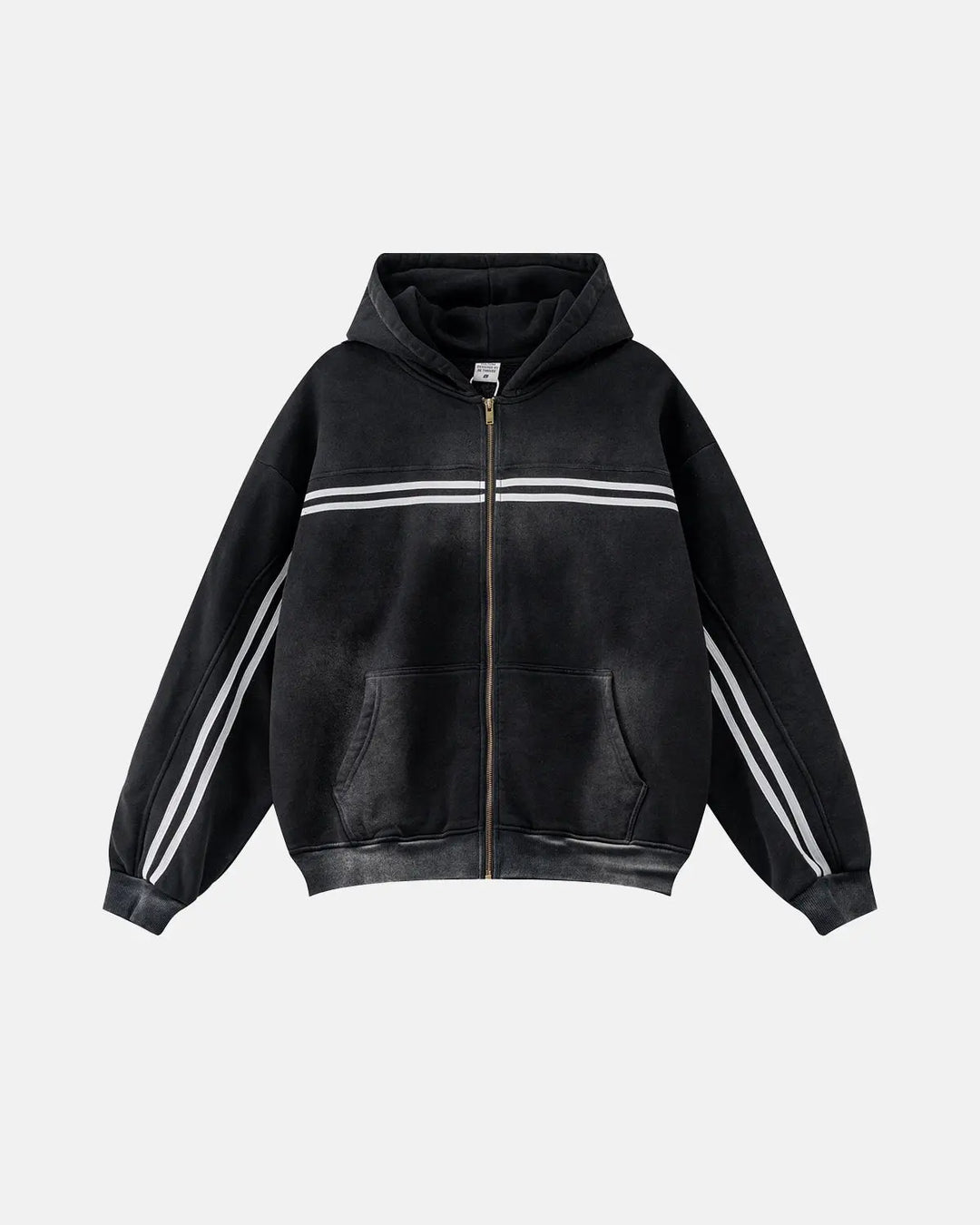 Black acid wash zip-up hoodie with white chest and sleeve stripes