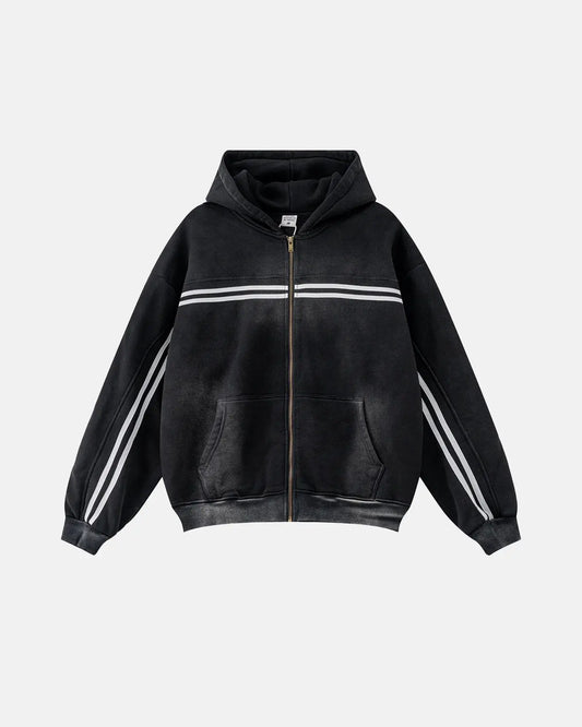 Black acid wash zip-up hoodie with white chest and sleeve stripes