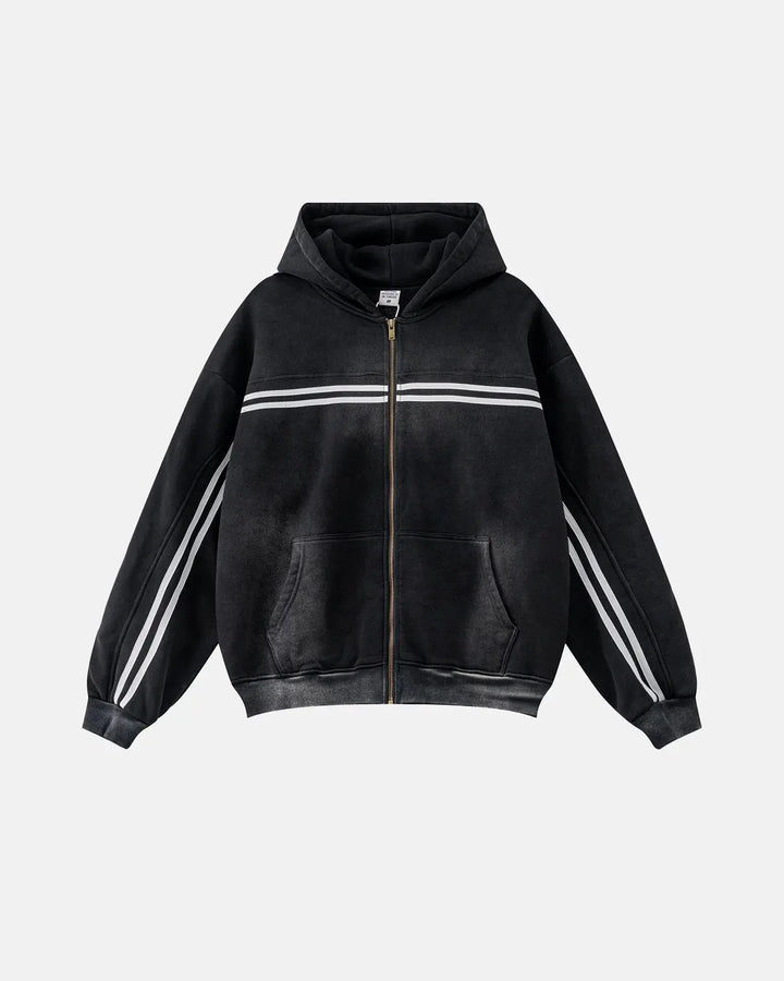 Black acid wash zip-up hoodie with white chest and sleeve stripes