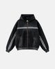Black acid wash zip-up hoodie with white chest and sleeve stripes
