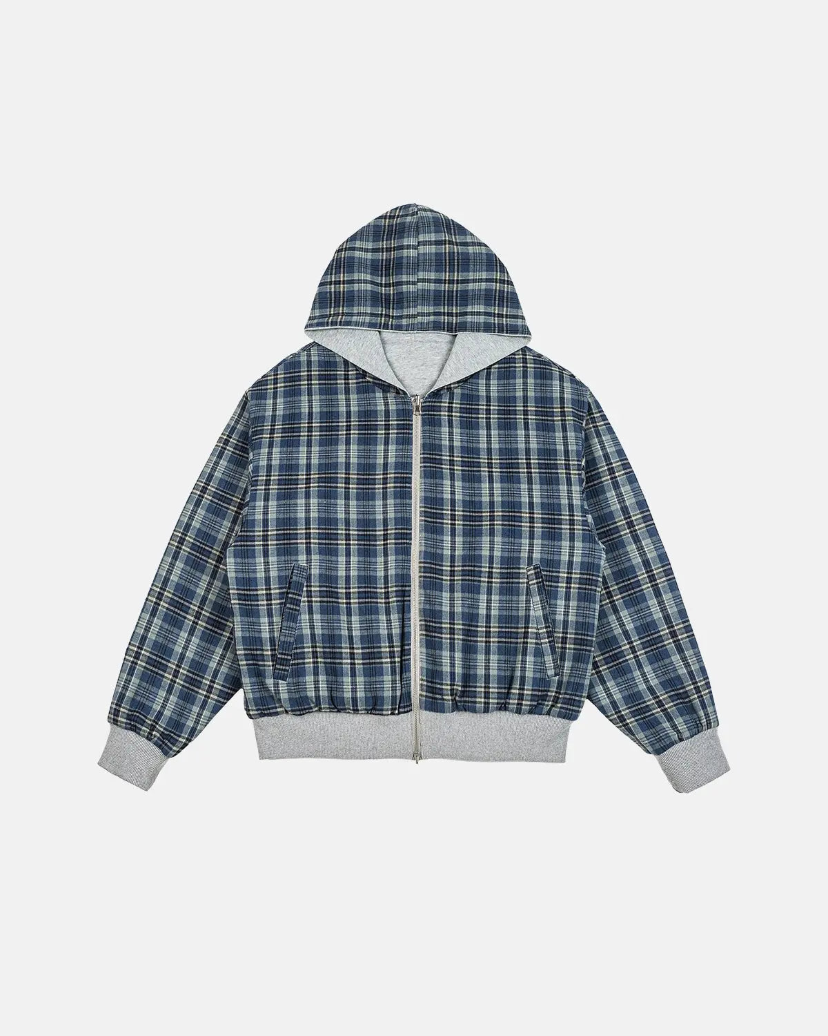 Grey reversible cropped hoodie with checked lining, hood and zip front