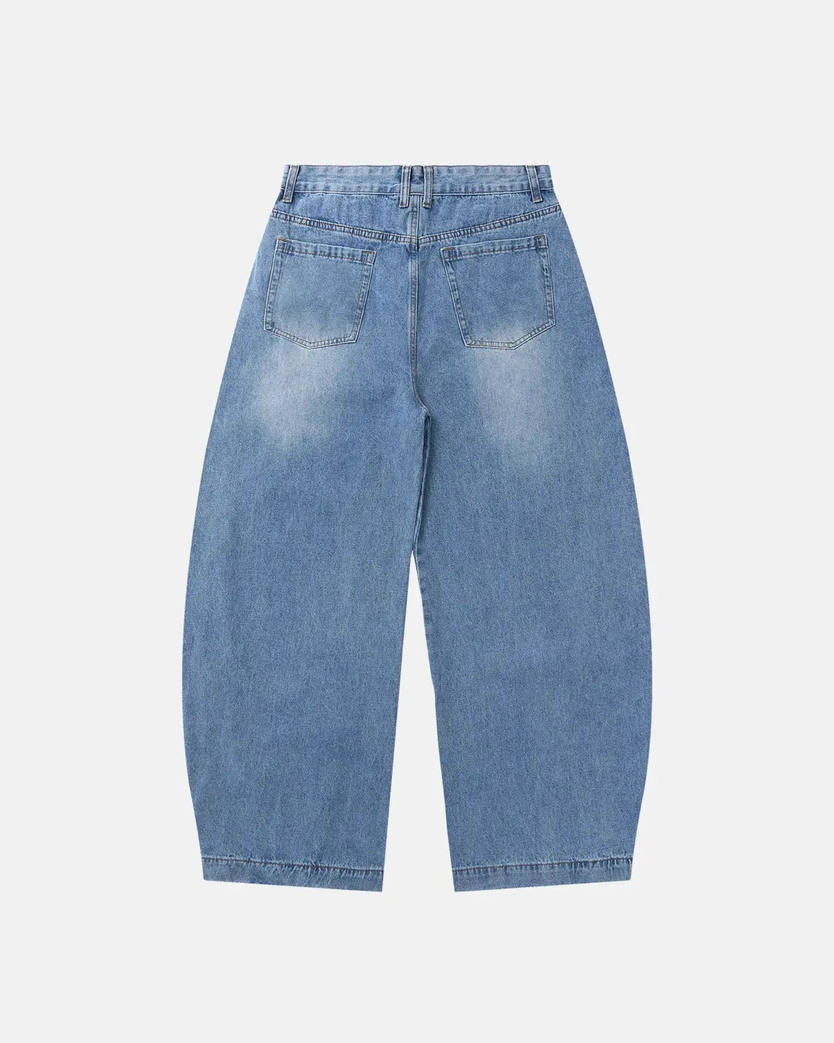 Light blue barrel-leg jeans with black script graphic and five-pocket design