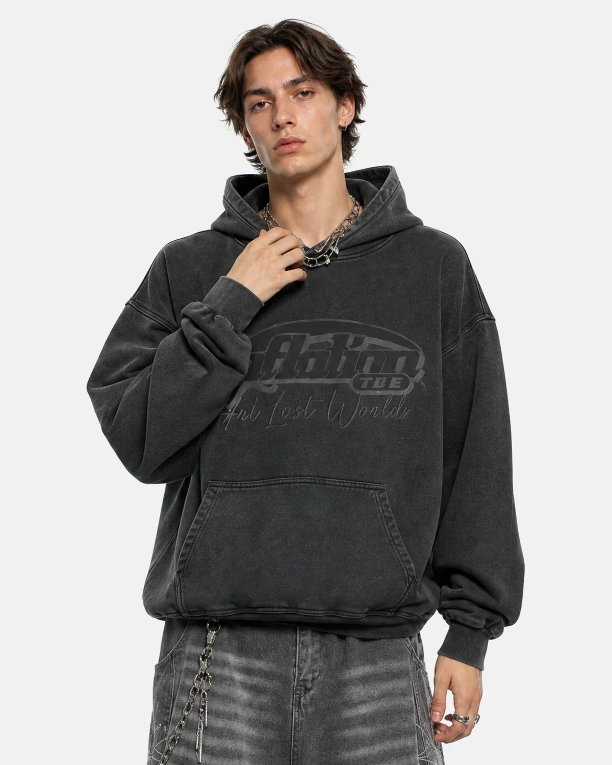 Men's dark grey washed graphic pullover hoodie with hood and kangaroo pocket