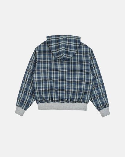 Grey reversible cropped hoodie with checked lining, hood and zip front