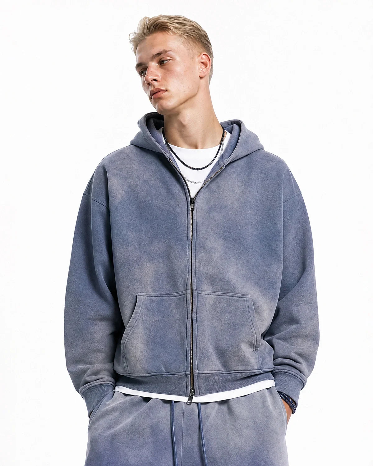 Unisex acid washed zip-up hoodie with hood, long sleeves and front pocket