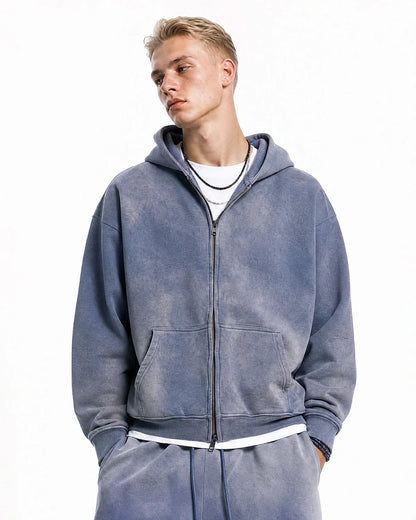 Unisex acid washed zip-up hoodie with hood, long sleeves and front pocket