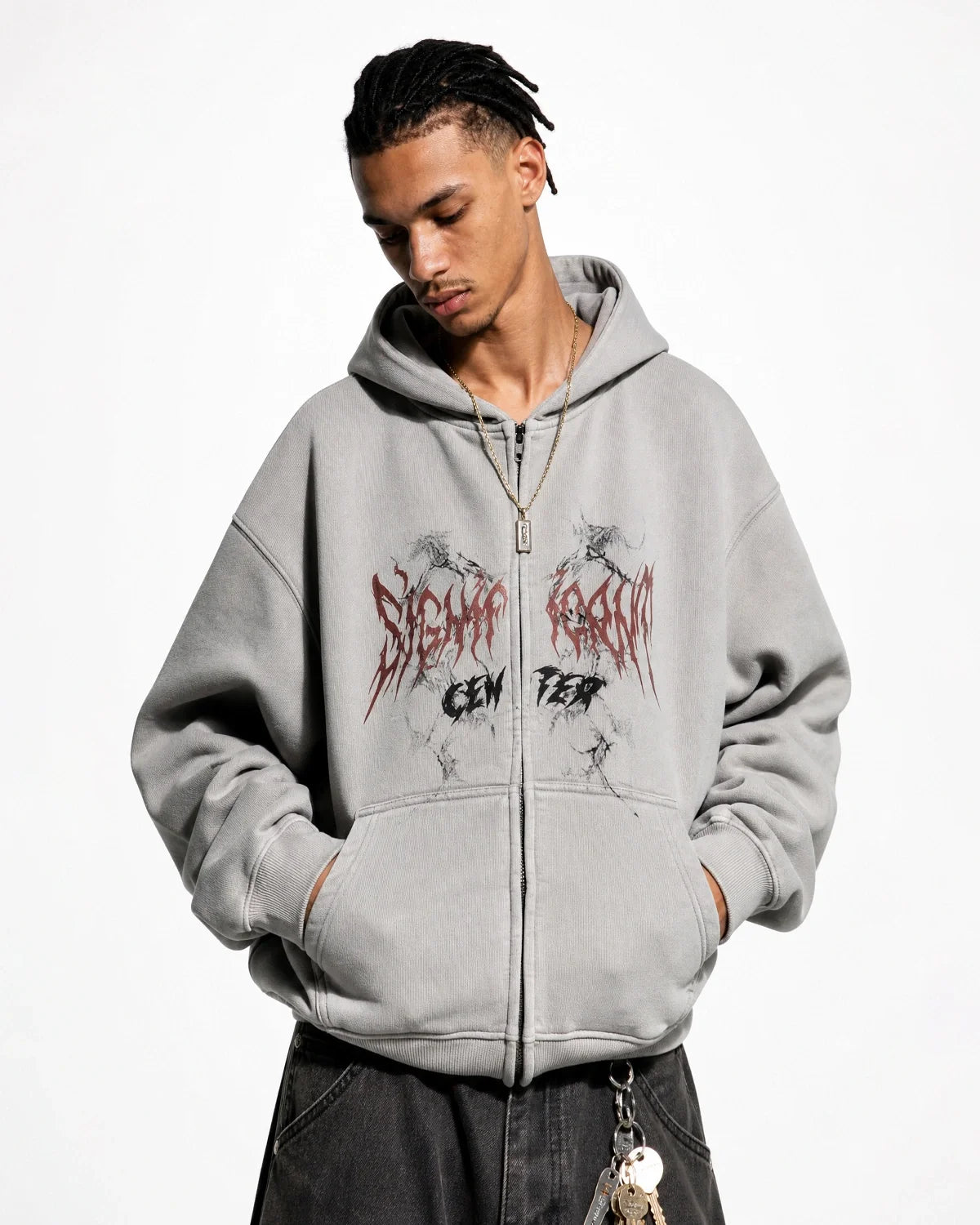 Unisex graphic zip-up hoodie with hood, long sleeves and kangaroo pockets