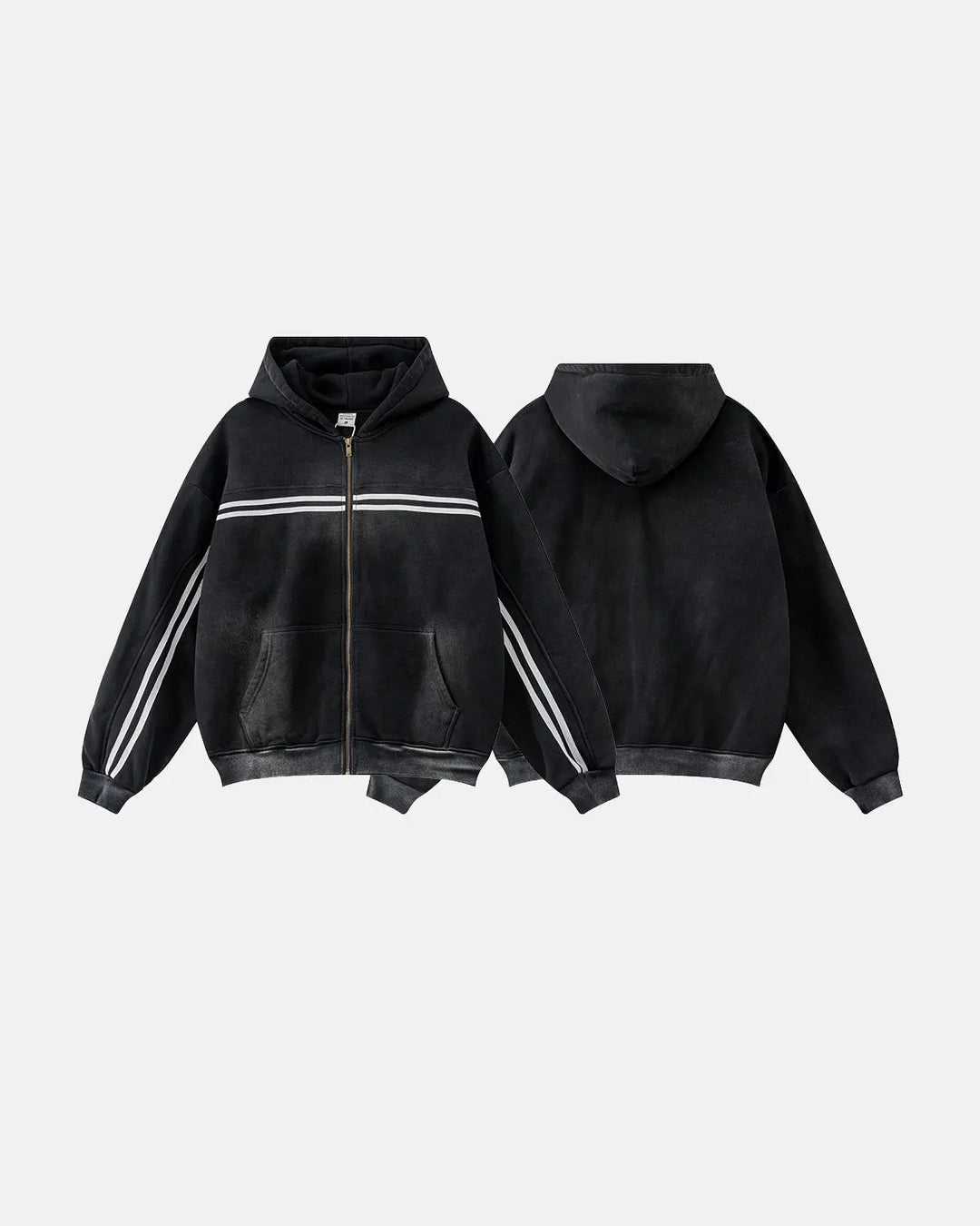 Black acid wash zip-up hoodie with white chest and sleeve stripes