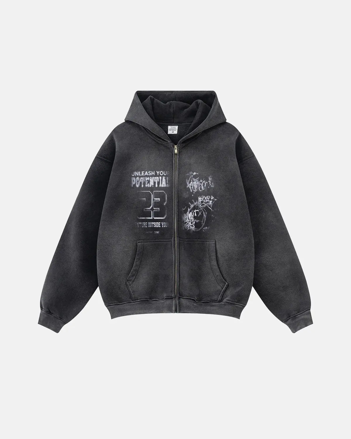Graphic zip-up hoodie with hood, long sleeves and front pouch pockets