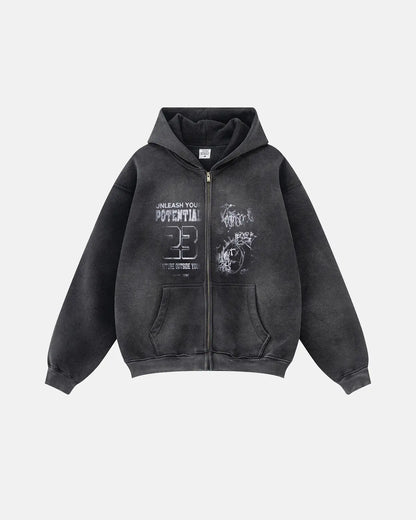 Graphic zip-up hoodie with hood, long sleeves and front pouch pockets