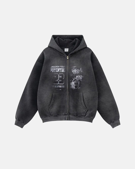 Graphic zip-up hoodie with hood, long sleeves and front pouch pockets