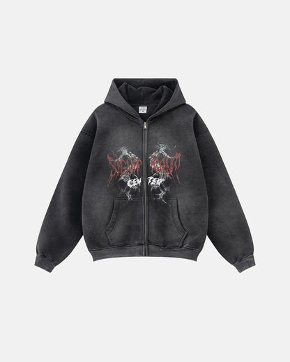 Unisex graphic zip-up hoodie with hood, long sleeves and kangaroo pockets
