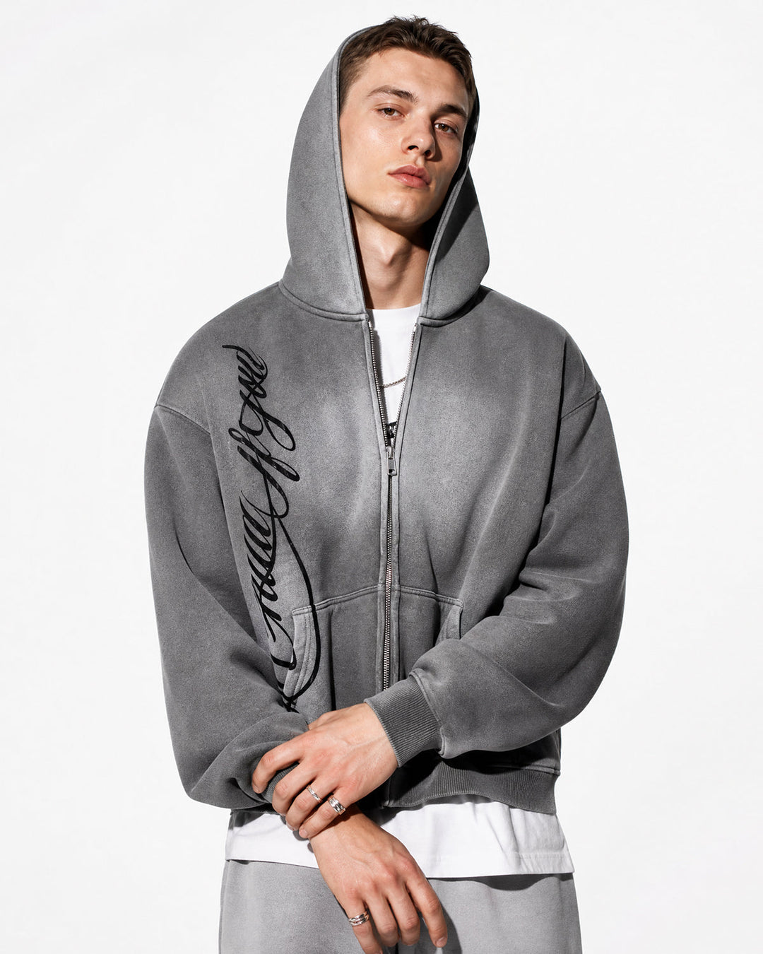 Acid wash zip-up hoodie