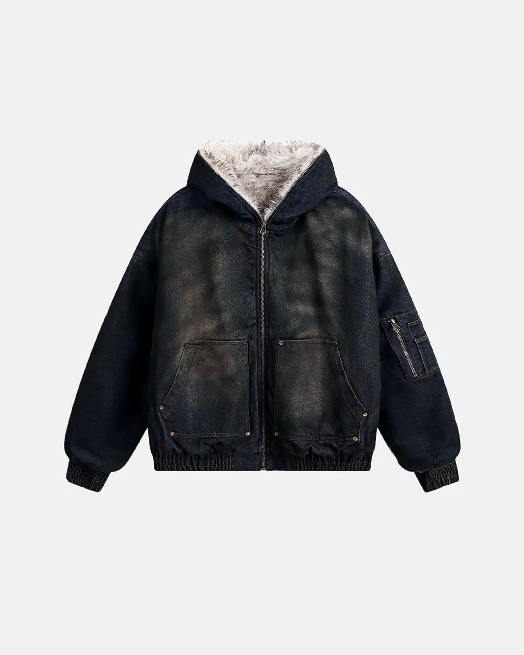 Men's acid wash bomber jacket with faux fur lining