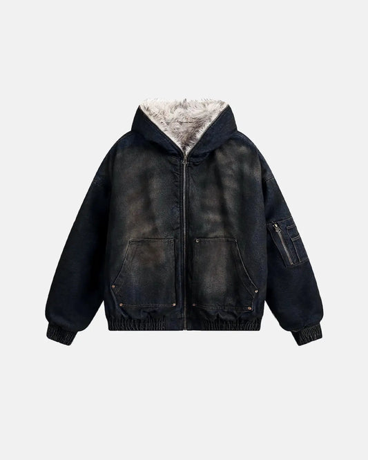 Men's acid wash bomber jacket with faux fur lining