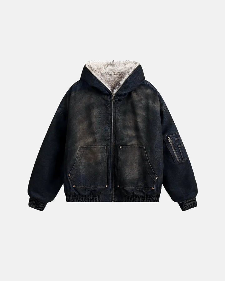 Men's acid wash bomber jacket with faux fur lining