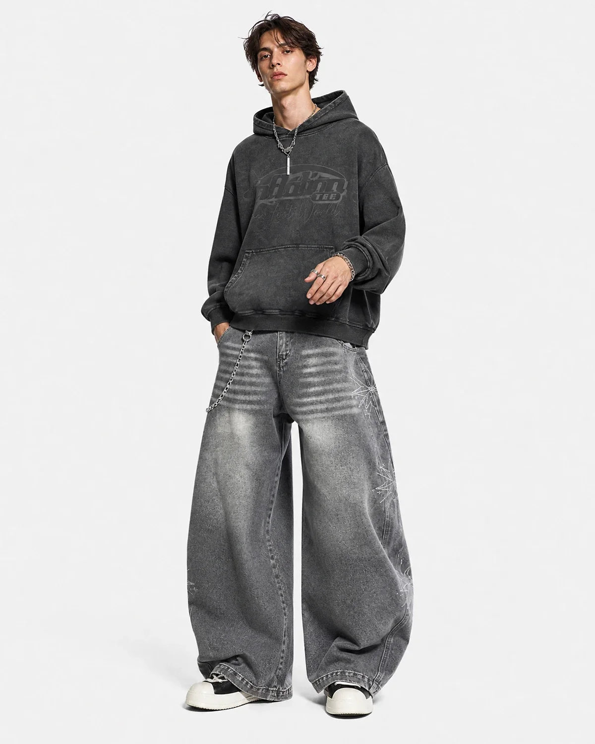 Men's dark grey washed graphic pullover hoodie with hood and kangaroo pocket