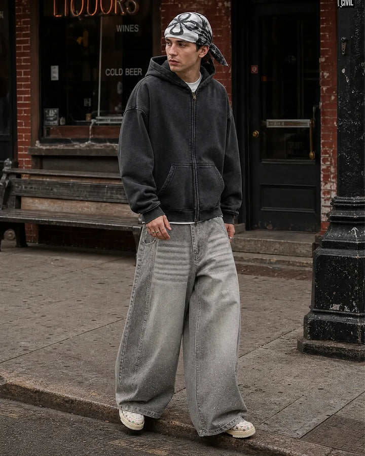 Men's washed zip hoodie shown in black and green