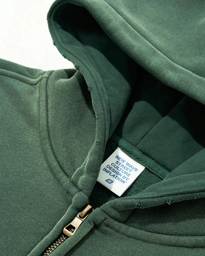 Green unisex zip-up hoodie with hood, long sleeves and front pouch pockets