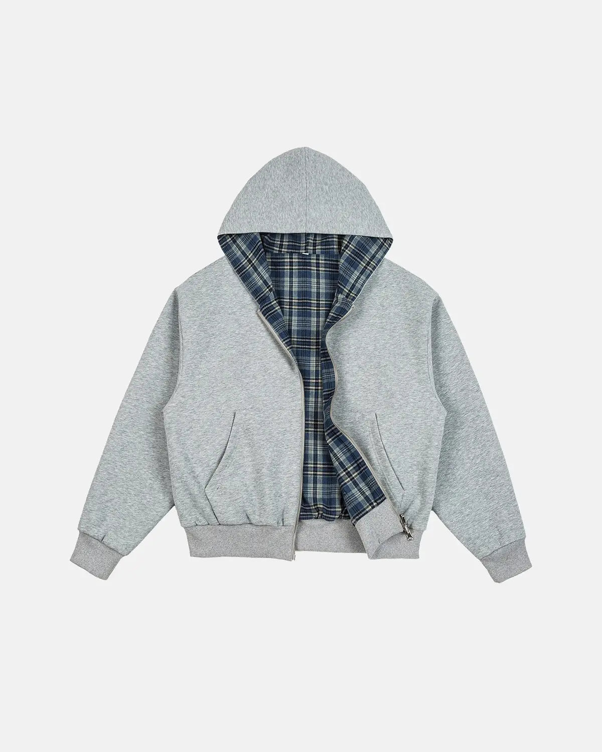 Grey reversible cropped hoodie with checked lining, hood and zip front