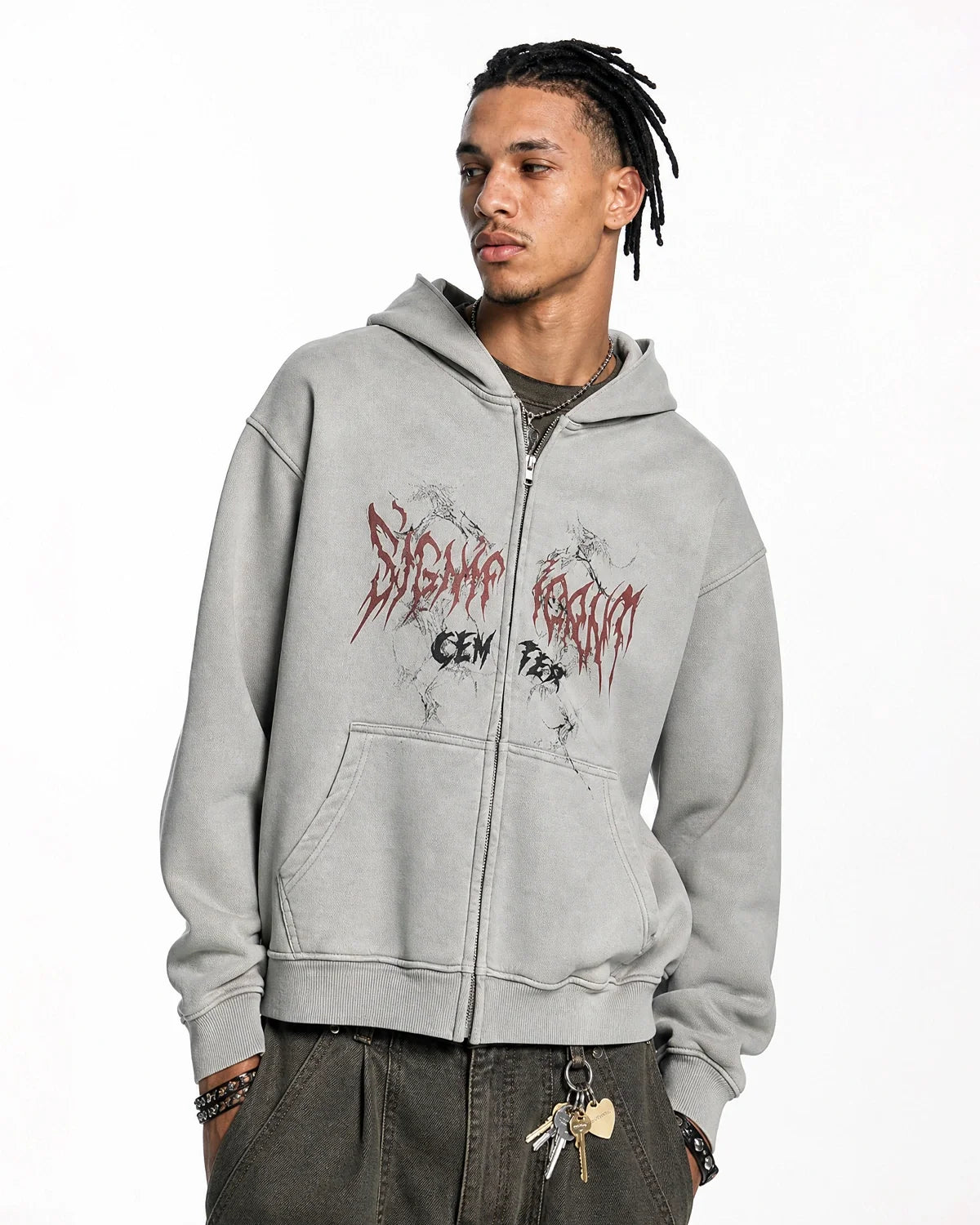 Unisex graphic zip-up hoodie with hood, long sleeves and kangaroo pockets