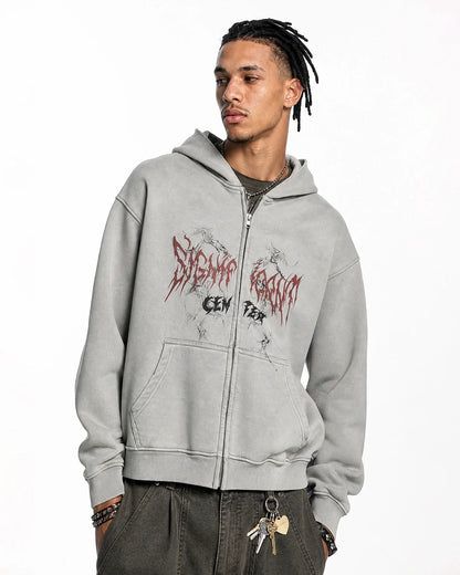 Unisex graphic zip-up hoodie with hood, long sleeves and kangaroo pockets