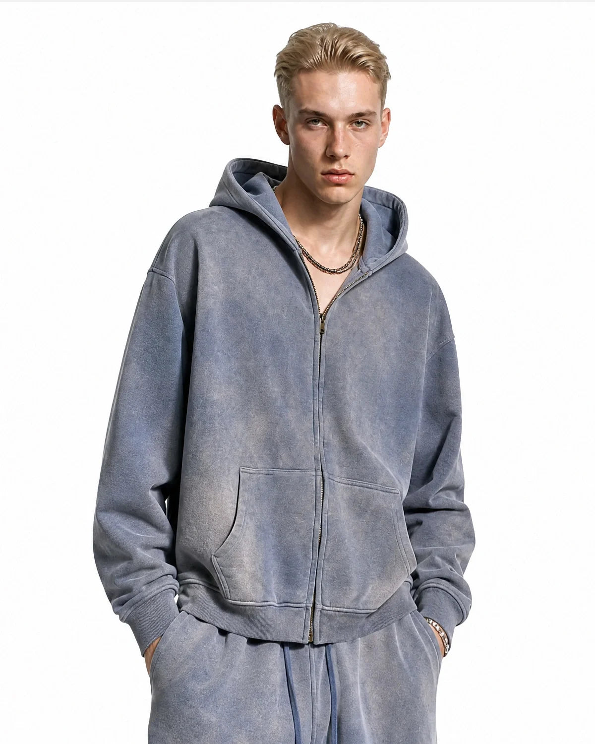 Unisex acid washed zip-up hoodie with hood, long sleeves and front pocket