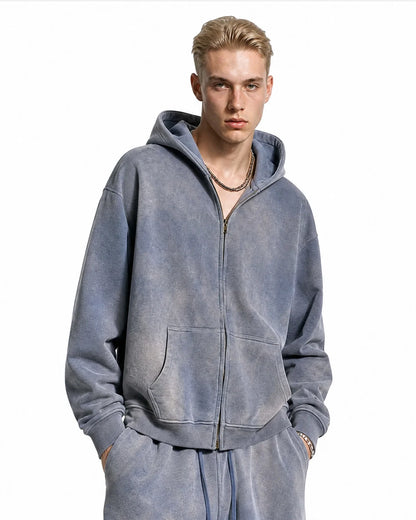 Unisex acid washed zip-up hoodie with hood, long sleeves and front pocket